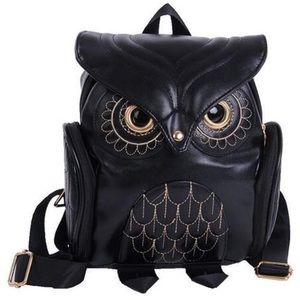 Owl Black Gold Vegan Leather Backpack Knapsack Bag